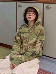 2025 New Autumn/Winter Vintage Camouflage Zip-Up Hooded Sweatshirt For Women - Green - View 7