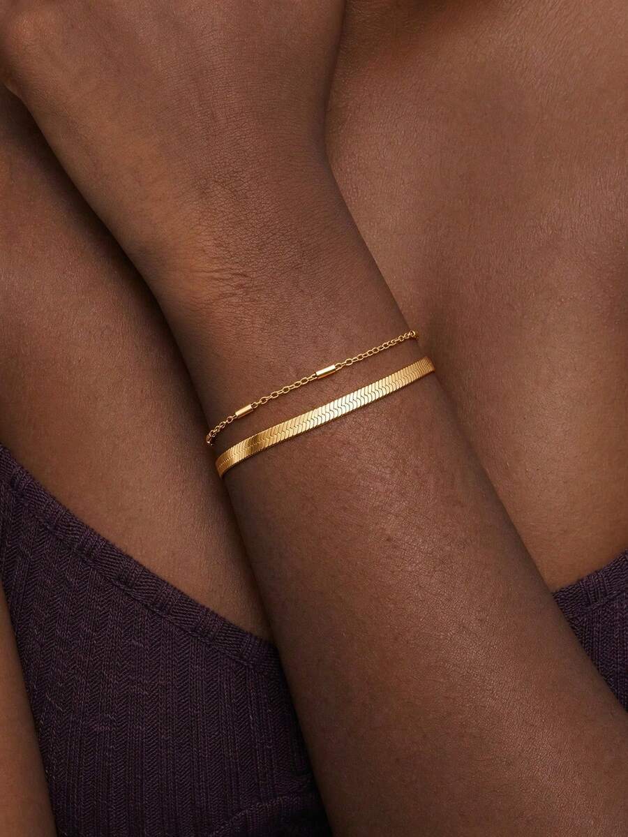 1pc Stainless Steel Women's Double Layer Stacked Bracelet, Minimalist Luxury Commute Elegant Style, Gold Color, Suitable For Women Pursuing Simple High-End Accessories, Daily Commute, Autumn Vacation, Date Outings Wear, Can Be Given As Birthday Holiday Gift - Bracelet - View 1