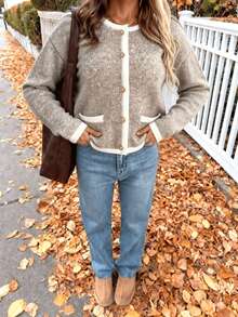 Plus Size 2026 New Arrival Contrast Trim Knit Cardigan, Long Sleeve Button‑Down Sweater With Pockets, Casual Loose Outerwear For Fall Winter - Khaki - View 9