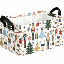 1pc Christmas Nutcracker Print Foldable Rectangular Fabric Storage Basket With Handles, Clothes Organizer, Winter Holiday Collapsible Laundry Hamper, Toy Storage Bin, Wardrobe Organizer, Multi-Purpose Basket For Bedroom Living Room - Multicolor - View 5