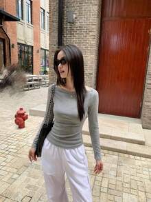 女款修身船領長袖針織休閒優雅打底上衣 - 灰色 - 查看 6