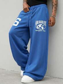 Men's Loose Fit Sports Sweatpants, Printed Casual Joggers, Streetwear Letter Design, Comfortable Versatile Slimming Long Pants - Blue - View 3