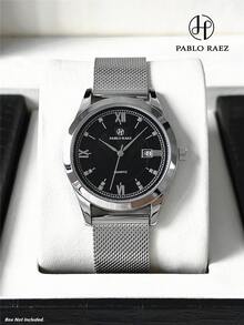 PABLO RAEZ 1件裝男士手錶 高端全新原裝 迷人奢華 不鏽鋼金屬編織錶帶 50M防水 簡約日曆錶盤 男士復古銀色手錶 優雅鑽飾休閒時尚石英錶 黑色錶盤 高端商務手錶 適合工作/派對裝飾 男士正式手錶 教師禮物 送給父親或男性好友的生日、畢業、婚禮禮物 - 均碼 - 查看 2