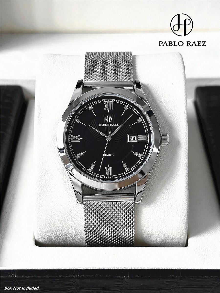 PABLO RAEZ 1件裝男士手錶 高端全新原裝 迷人奢華 不鏽鋼金屬編織錶帶 50M防水 簡約日曆錶盤 男士復古銀色手錶 優雅鑽飾休閒時尚石英錶 黑色錶盤 高端商務手錶 適合工作/派對裝飾 男士正式手錶 教師禮物 送給父親或男性好友的生日、畢業、婚禮禮物