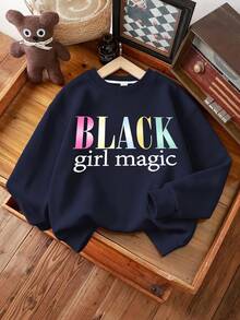 2pcs/Set Girls Round Neck Letter Print Sweatshirt And Simple Casual Wide Leg Pants, New Autumn/Winter Comfortable Girls Outfit - Navy Blue - View 4