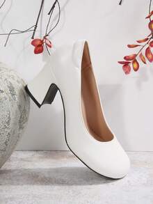 Women's Elegant Square Toe Chunky Heel High Heels, White Classic Style, Slip-On Dress Shoes, Suitable For Weddings, Banquets, Parties - White - View 4