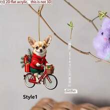 2D Flat Acrylic Christmas Decoration - Cute Chihuahua Riding A Red Bicycle With Holiday Gifts And Starry Sky Background, Durable Home Hanging Ornament, Party Keychain Accessory, 2D Flat - Multicolor - View 12