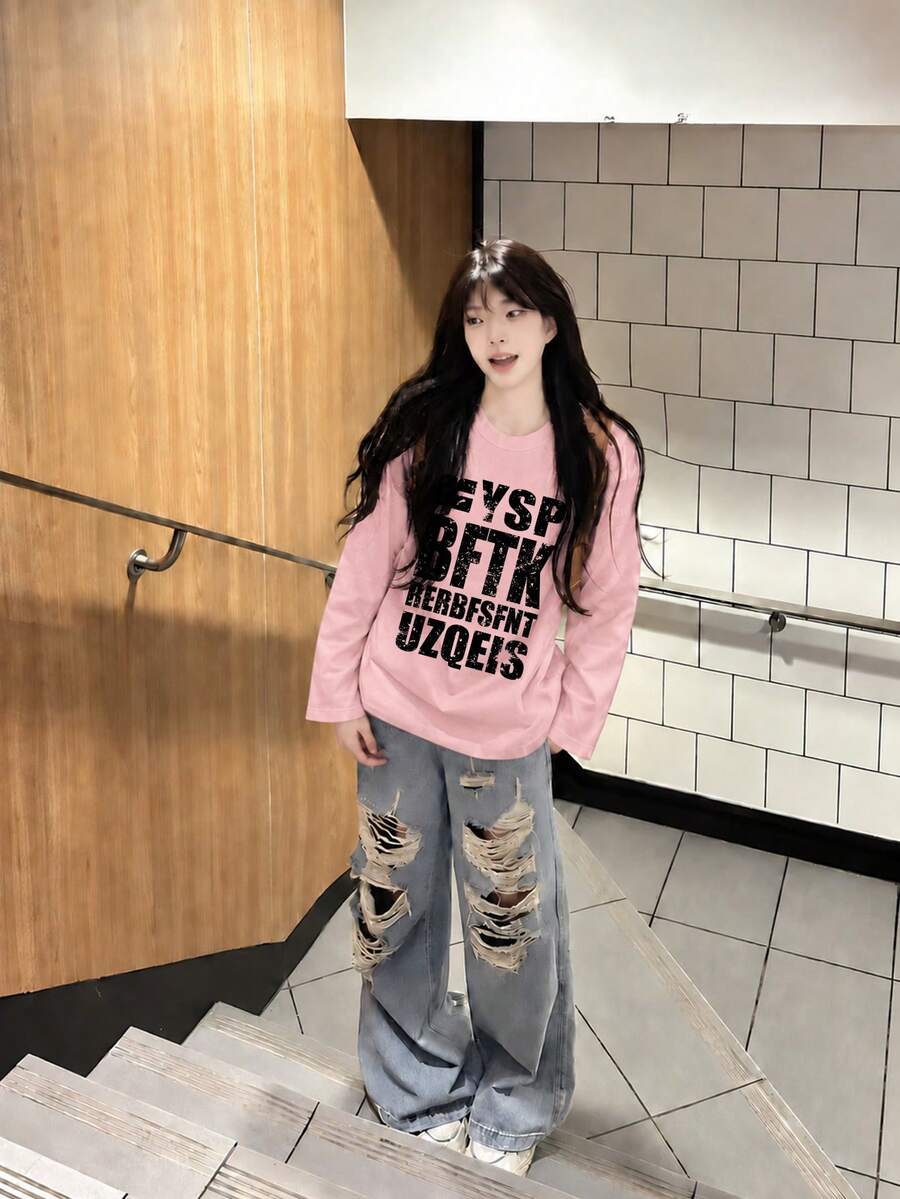 女款美式街頭風字母印花長袖上衣,寬鬆休閒百搭 T-shirt,粉色,秋季 - 粉色 - 查看 1