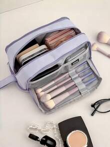 1pc Solid Color 3-Layer Large Capacity Makeup Bag With Brush Slots, Fashionable Highly Attractive Portable Outdoor Travel Compartment Storage Bag Suitable For College Dorm, Vacation - Multicolor - View 1