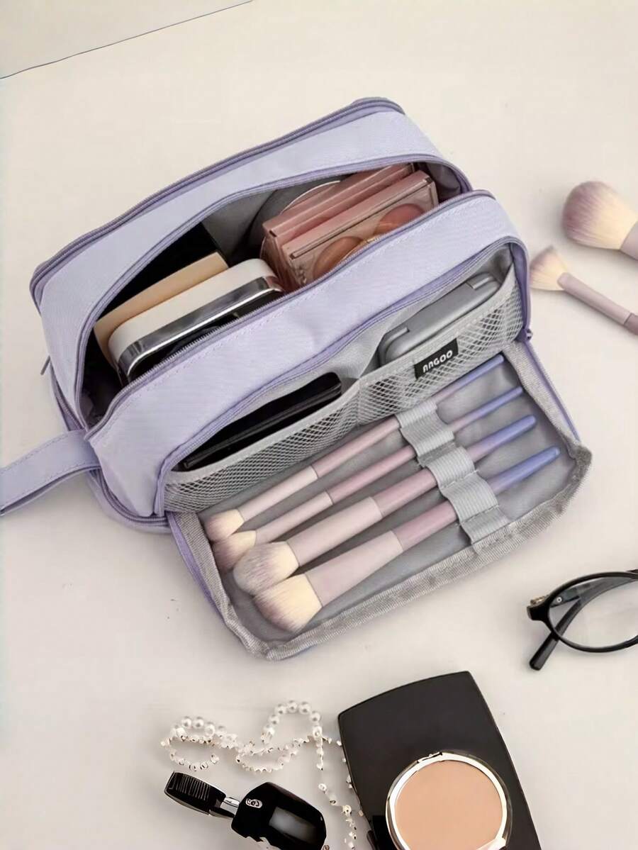 1pc Solid Color 3-Layer Large Capacity Makeup Bag With Brush Slots, Fashionable Highly Attractive Portable Outdoor Travel Compartment Storage Bag Suitable For College Dorm, Vacation - Multicolor - View 1