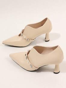 1 Pair Girl's Pointed Toe 7CM Stiletto Pumps, Soft PU With Rhinestone Buckle And Pearl Decor, Slip-On Design, Fashion Daily Commute Style, Wedding High Heels, Suitable For Daily Shopping, And Evening Parties - Apricot - View 4