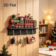 2D Flat Christmas Train Key Hook Wall Decor, Wooden Christmas Key Storage Rack, Vintage Train Shaped Wall-Mounted Key Holder With 5 Hooks, Suitable For Living Room, Entryway, Bedroom, Entrance Decoration, Holiday Gift - View 2