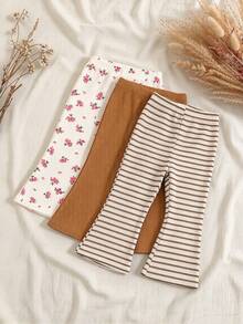 3pcs Baby Girl Autumn All-Match Set, Coffee & Apricot Striped & Floral Flared Pants, 3-Piece Set, Elastic Waist Design, Comfortable Fit, Minimalist Solid Color Style, Practical & Versatile, Baby Flared Pants, Fashionable Daily Wear, Infant Outdoor & Vacation Outfit - Multicolor - View 1