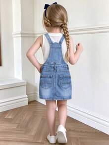 Adjustable Strap Cute Young Girls Fashion Versatile Elastic Denim Suspender Skirt, All Season - Light Wash - View 3