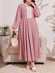 Plus Size Woven Fabric Lace Collar Waist-Cinched Dress, Casual Home Wear, Summer - Pink - View 3