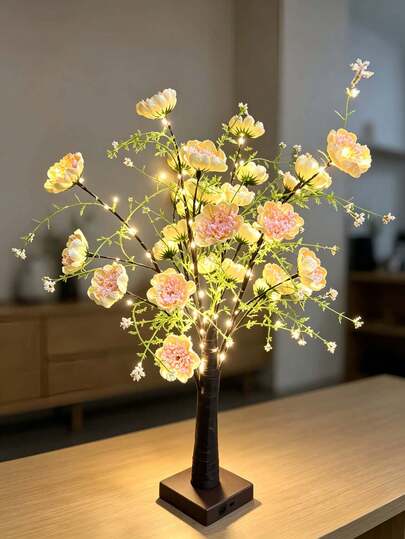 1PC Brown Tree Trunk Rhododendron Tree Light, 60 Lights, 55CM Height, USB + 3 AA Battery Dual Power, Warm White LED Desktop Tree Lamp, Autumn/Winter Christmas Thanksgiving New Year Bedroom Wedding Home Housewarming Atmosphere Decor Ornament