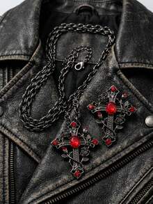 2PCS Dark Gothic Rose Vine Cross Pendant Necklace & Brooch Set For Women Vampire Core Ruby Red Rhinestone Filigree Jewelry Y2K Alt Accessories - Black - View 10