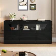 Sideboard With A Unique Design / With 3 Doors Featuring A Special Glass Design / With A Decorative Viewing Window / With Ample Storage Space / High-Gloss Finish / Suitable For Dining Rooms And Living Rooms - Black + Particle Board - View 3