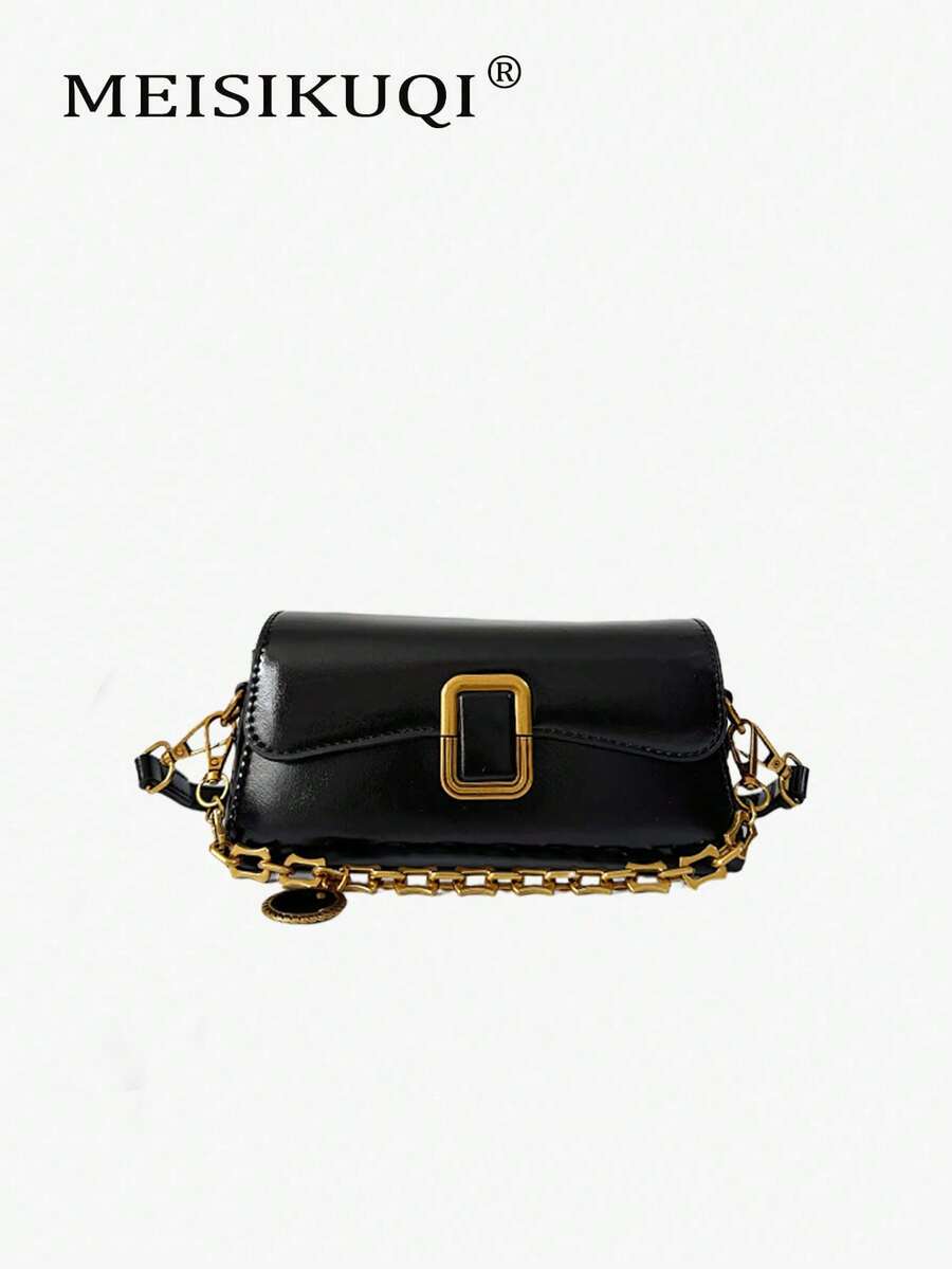 Tas Persegi Rantai Gesper Logam Retro untuk Wanita, Unik dan Premium, Serbaguna untuk Digantung Selempang, Di Bawah Lengan, Perjalanan Sehari-hari, atau Dibawa di Bahu. - Hitam - View 1