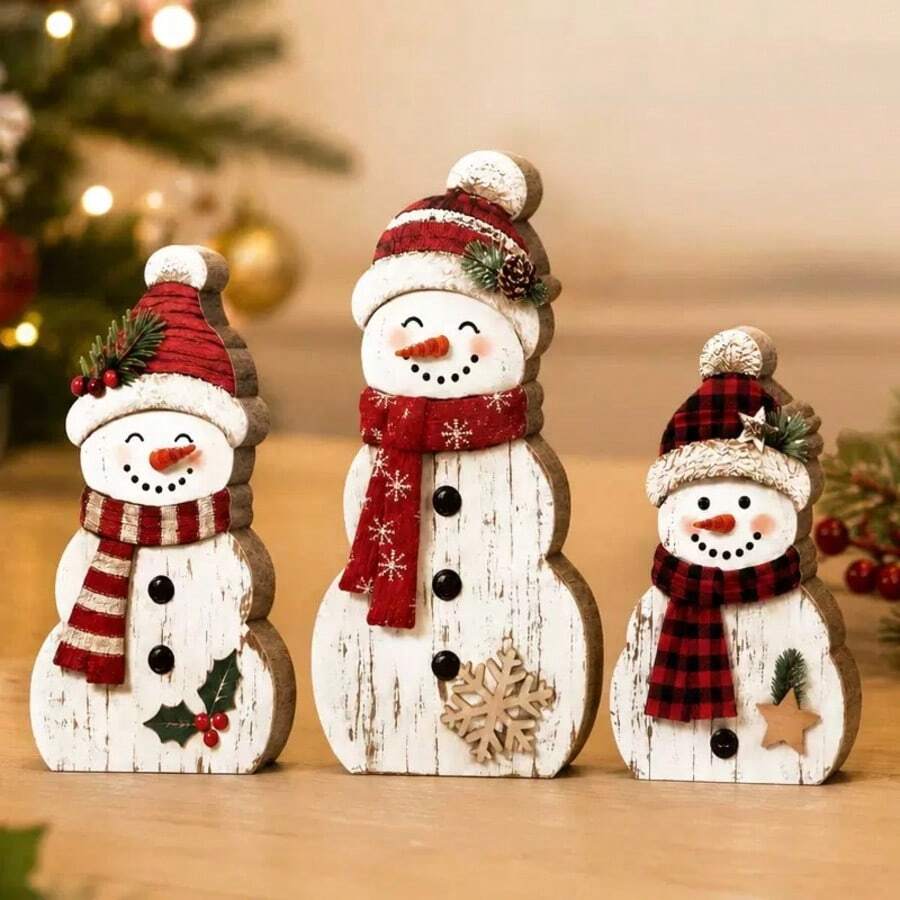 Cross-Border Christmas Desktop Decoration Atmosphere Wooden Ornament Home Christmas Decor Cartoon Snowman 3 Pieces Set - 3pcs - View 1