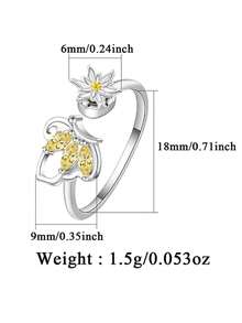 S925 Sterling Silver Bee And Flower Rotating Ring, Featuring Yellow Cubic Zirconia Design. This Open Ring Has A Rotating Design With Insect And Daisy Motifs - Silver - View 2