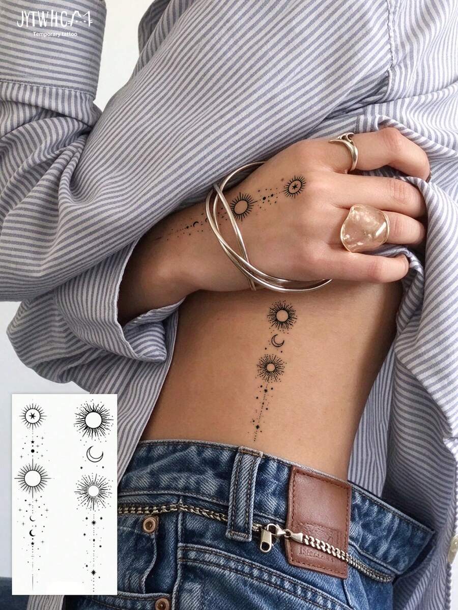 1pc Herbal Paper Long-Lasting Temporary Tattoo Sticker, Fashionable Geometric Sun & Moon Design, Realistic Non-Reflective Waterproof Sweat-Resistant Fake Tattoo For Arm, Leg, Chest, Back, Calf, Neck, Easy To Apply, Lasts 7-14 Days On Skin - Black - View 1