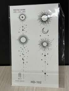 1pc Herbal Paper Long-Lasting Temporary Tattoo Sticker, Fashionable Geometric Sun & Moon Design, Realistic Non-Reflective Waterproof Sweat-Resistant Fake Tattoo For Arm, Leg, Chest, Back, Calf, Neck, Easy To Apply, Lasts 7-14 Days On Skin - Black - View 7