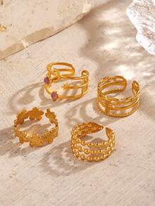 4pcs/Set Stainless Steel 18K Gold Plated Star, Sunflower Flower Open Rings, Suitable For Women's Daily Wear - Multicolor - View 4