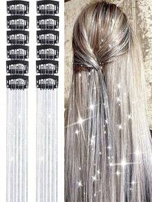 20 Inch Sequin Glitter Decorated Wig Set, Suitable For Women And Young Girls, Perfect For Daily Wear, Parties, Weddings And Holiday Occasions - Silver - View 2
