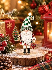 1pc Enamel Rhinestone Brooch, Santa Claus Enamel Inlaid Brooch, Holding Candy Cane + Gingerbread For Man, Cute Retro Style - Multicolor - View 3