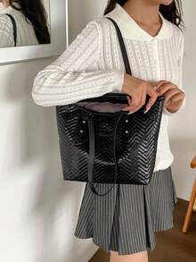 Fashion V-Quilted Large Capacity Tote Bag, Autumn/Winter New Casual Shoulder Bag For Women - Black - View 3