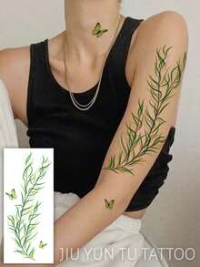 1pc Wholesale Pack Beautiful Vine & Leaf Pattern Temporary Tattoo, Suitable For Women's Arms, Forearms, Thighs, Realistic Looking Waterproof Sweat-Proof Fake Tattoo Stickers For Adults - Green - View 4