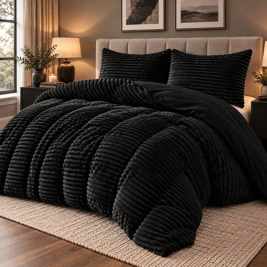 Super Snuggle Soft Rabbit Faux Fur Duvet Cover Set Home Décor Decoration Bedding Bedroom - Black - View 1