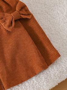 2pcs/Set Young Girl Casual Minimalist Style 3D Bow White Long Sleeve Top & Brown Skirt Set, Spring/Autumn - White - View 9