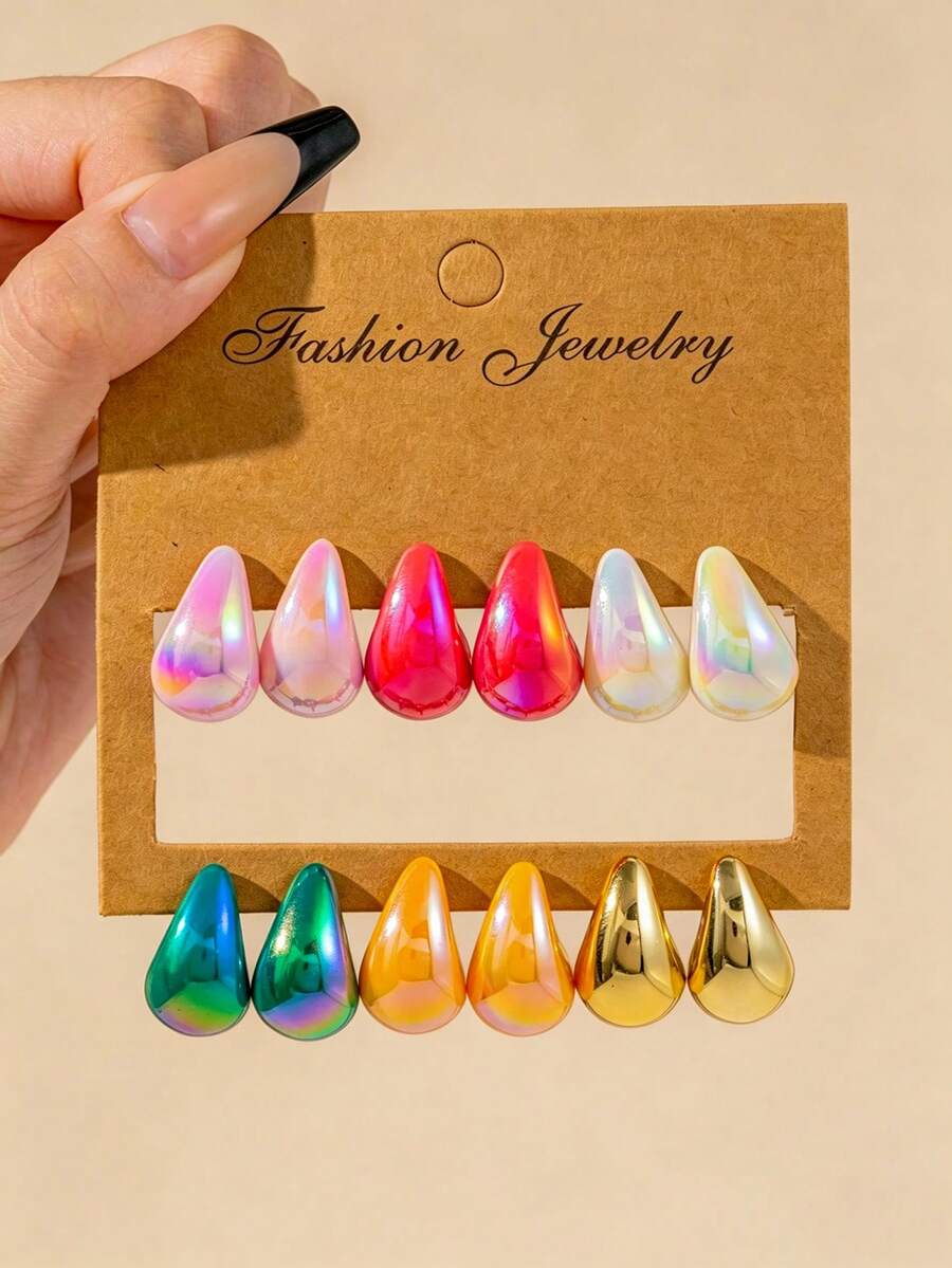 1/6 Pair Set Fashionable Cute Multi-Color Water Drop Earrings Set Suitable For Women's Daily Wear (Avoid Contact With Water As It May Cause Discoloration And Affect Material Quality Due To CCB Material) - Multicolor - View 1
