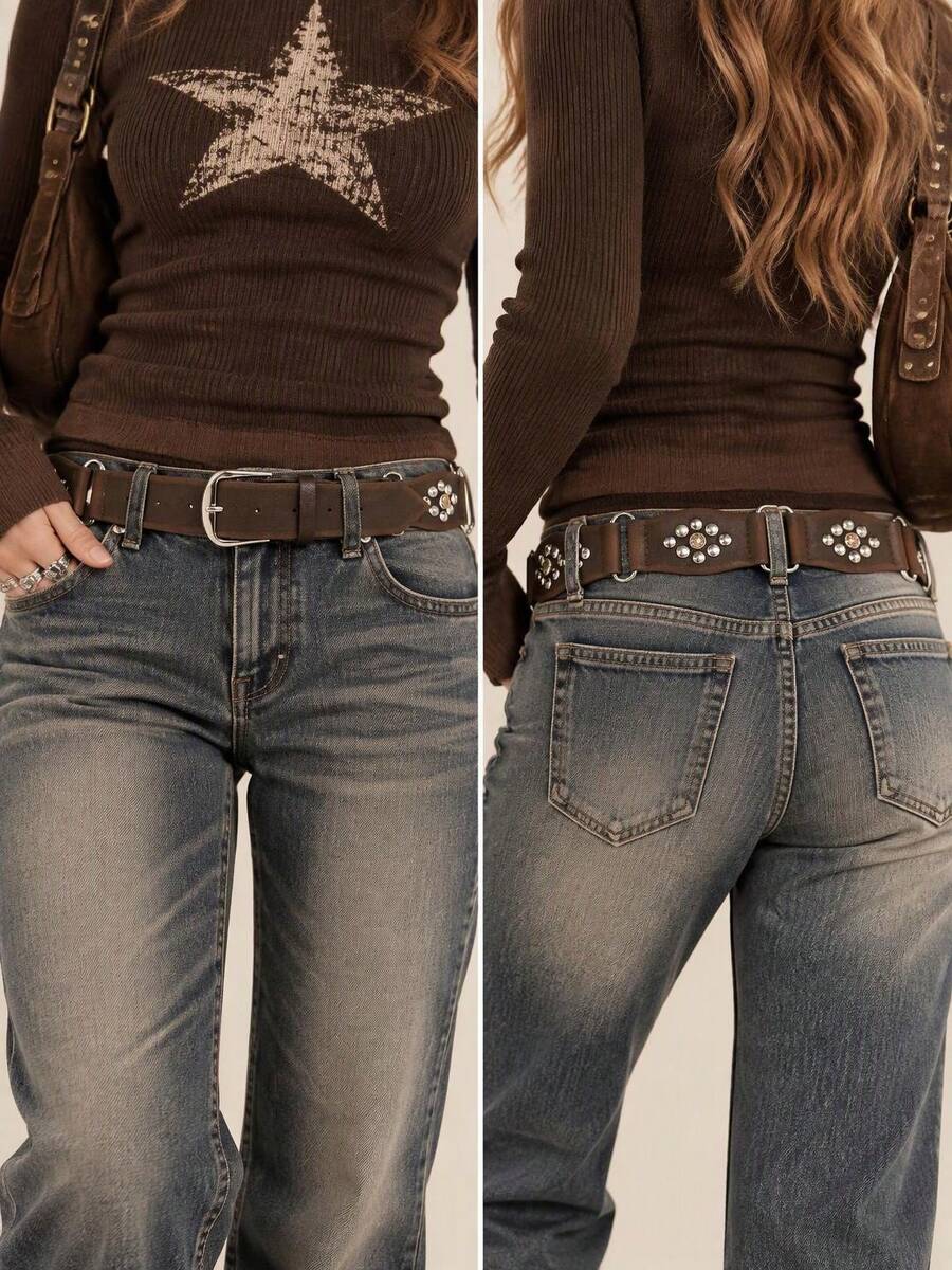 1pc Waist Belt, Distressed PU With Rivets And Round Buckle, Y2K Chunky ...