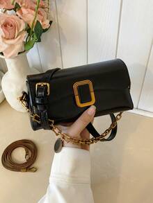 Tas Persegi Rantai Gesper Logam Retro untuk Wanita, Unik dan Premium, Serbaguna untuk Digantung Selempang, Di Bawah Lengan, Perjalanan Sehari-hari, atau Dibawa di Bahu. - Hitam - View 6