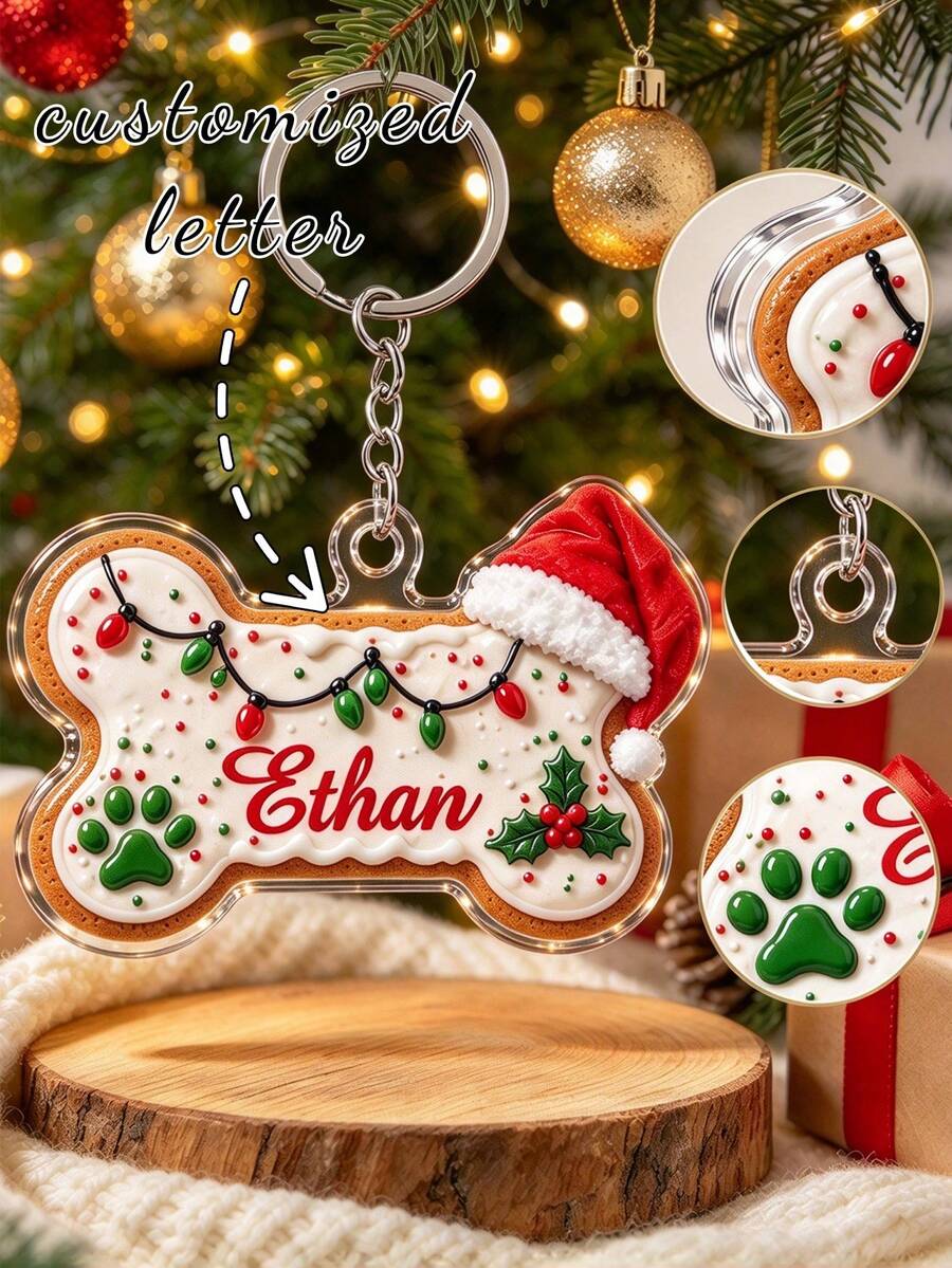 Personalized Dog Bone Christmas Ornament, Custom Pet Name Ornament, Dog Christmas Tree Decoration, Pet Lover Gift, Puppy Holiday Keepsake - Multicolor - View 1
