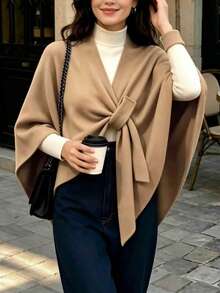 Women's Solid Color V-Neck Cape Sleeve Cardigan, Minimalist Commuter Style, Suitable For Daily Commute And Travel, Autumn Gatherings, Thanksgiving Outfit - Brown - View 3