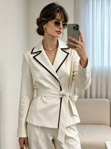 Women's Elegant Notch Lapel White Tie-Front Contrast Trim Blazer, Spring/Autumn - White - View 1