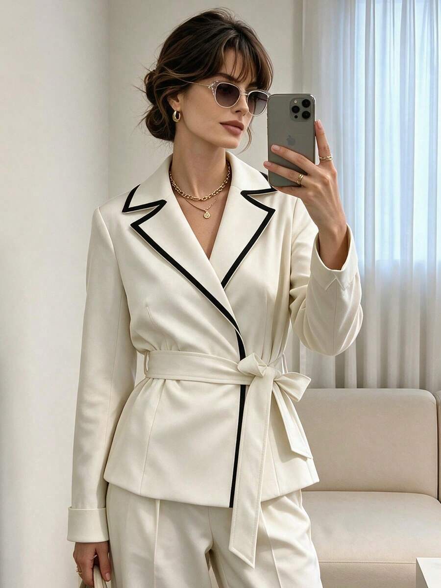 Women's Elegant Notch Lapel White Tie-Front Contrast Trim Blazer, Spring/Autumn - White - View 1