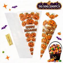 50/100/200Pcs Halloween Treat Candy Bags, Pumpkin Triangle Gift Pouches With Golden Twisted Ties, Party Favor Bags For Halloween Decor, Candy & Snack Packaging - View 9