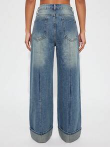 Vintage Washed Women's Wide Leg Jeans With Front Seam Detail And Rolled Hem, Autumn New Arrival - Blue - View 2