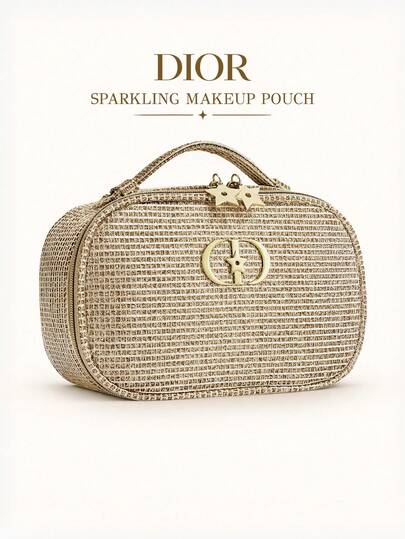 Dior Sparkling Gold Woven Makeup Pouch, Christmas Edition Zipper Cosmetic Bag With Handle, Portable Vanity Case And Travel Organizer, Holiday Gift