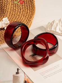 3pcs Asymmetric Geometric Round Resin Bracelets, Fashion Minimalist Versatile Acrylic Bangles - Red - View 2