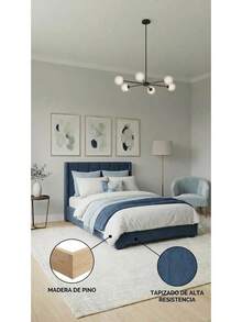 Base Cama Box Spring Tapizada en Tela Lino Azul, Estructura de Madera de Pino, Altura 26 cm, Diseño Moderno Minimalista, Matrimonial 190 * 100 cm, Fácil Ensamble - Azul - Ver 6