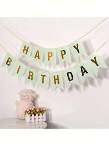 1pc Birthday Triangle Flag Banner With Gold Foil Fishtail And "Happy Birthday" Print, Birthday Party Decoration - Green - View 5