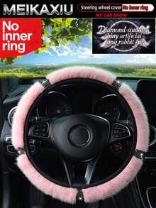 MEIKAXIU Artificial Long Rabbit Fur Rhinestone Bling Bling Car Steering Wheel Cover Without Inner Ring, Suitable For 38cm (15inch) Car Decoration Accessories For Women - Faux Rabbit Fur With Rhinestone Trim - View 2