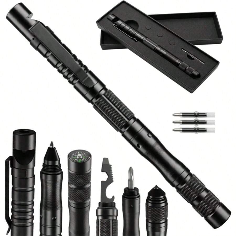 9-In-1 Tactical Pen, Men's Gift For Dad, Cool Men's Gadget, Screwdriver Multi-Tool, Compass, Bottle Opener, Whistle, Ink Refill - Black - View 1