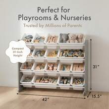 Organizador de Juguetes de Madera Extra Grande con 16 Bandejas Plásticas Blancas, Gabinete de Almacenamiento para Niños Gris y Blanco, Estante de 4 Niveles para Recámara, Sala de Juegos y Guardería, 106.7 * 39.4 * 88.9 cm - Gris/blanco - Ver 6